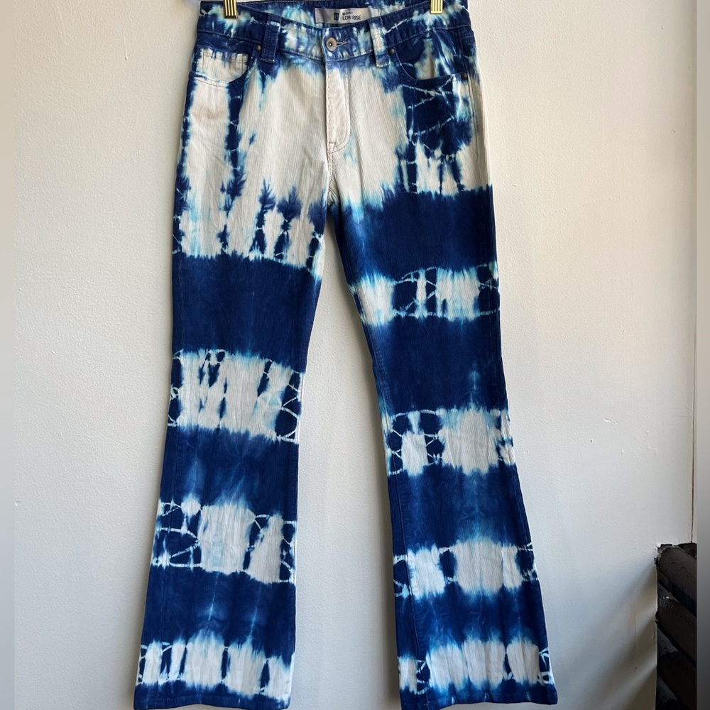 Vintage Corduroy Low Rise Flare Pants. Cream and Indigo Tie-Dye.